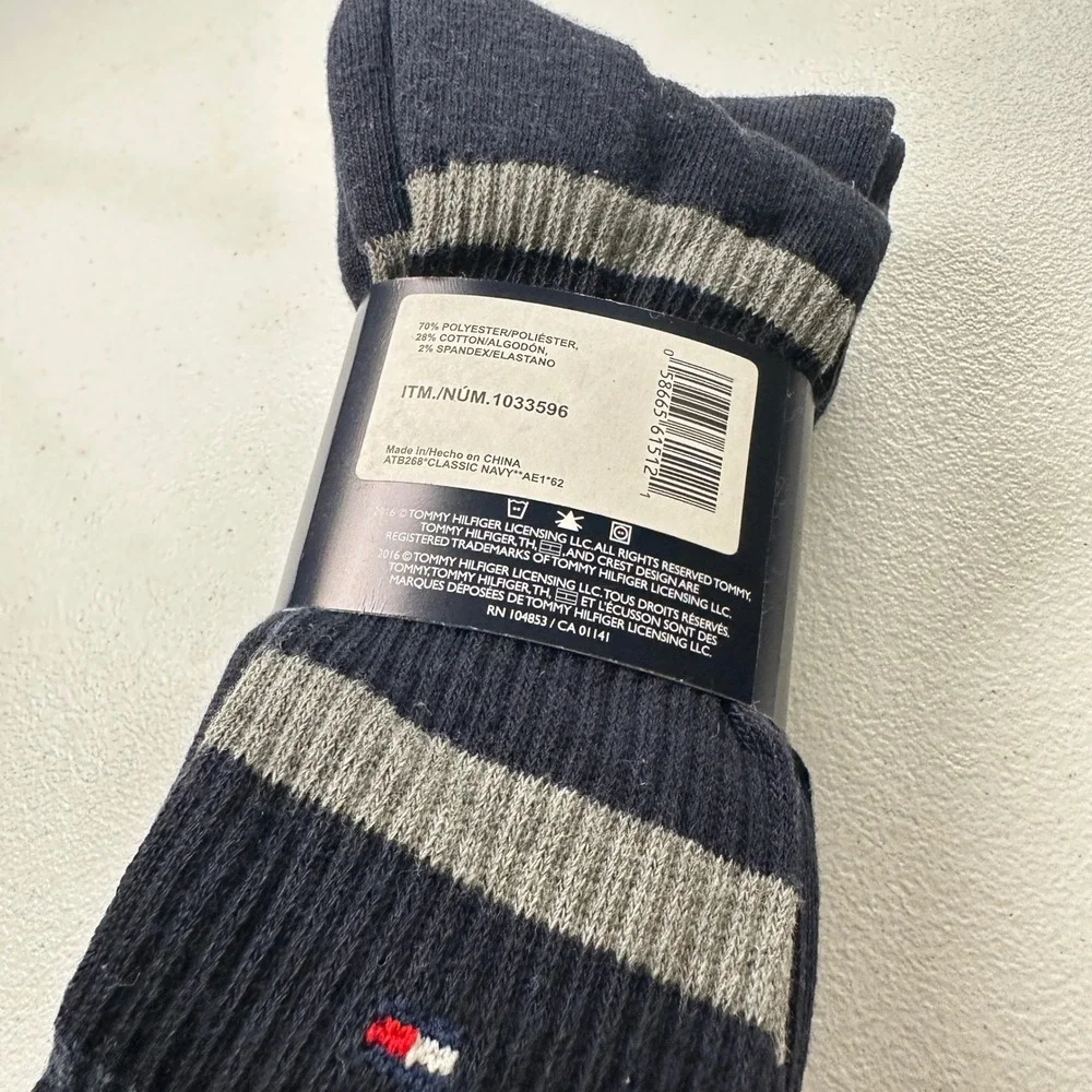 Tommy Hilfiger Men Socks 4-Pack Navy Blue Cotton Blend Striped Logo New 7-12
